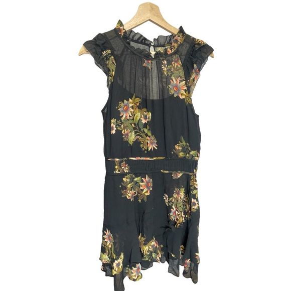 All Saints Caylan Avifauna Dress Black Floral Short Sheer Ruffle Collar Logo - Picture 4 of 14